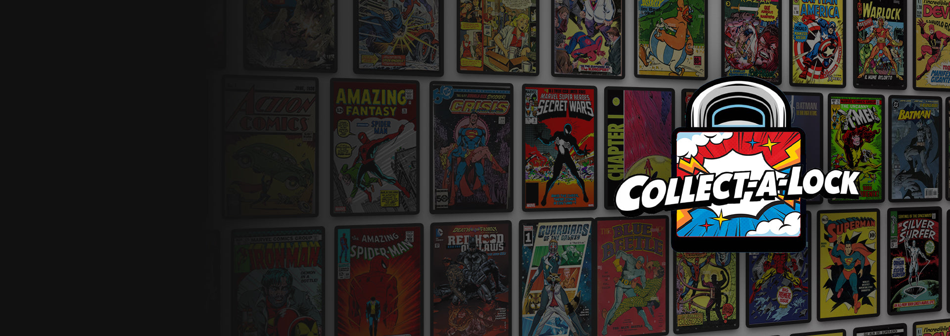 Collection of comic book covers with Collect-A-Lock logo overlay