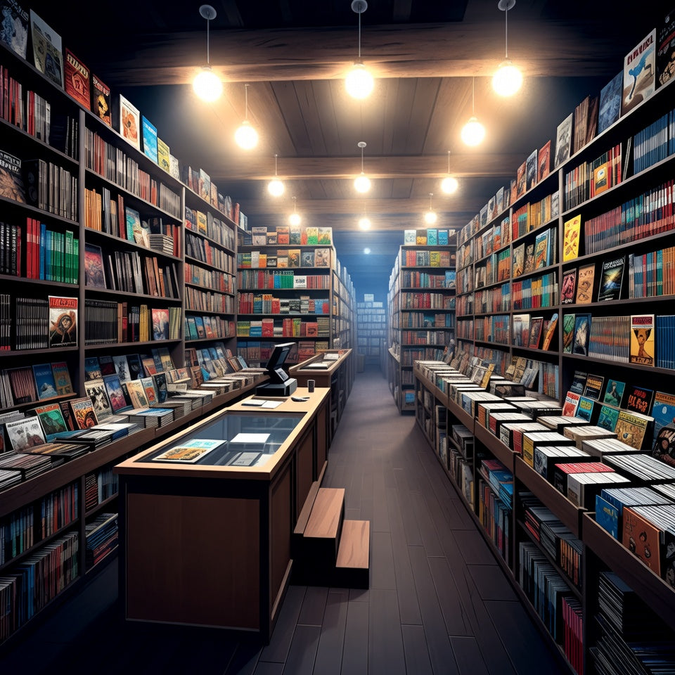 Long aisle of a library with bookshelves and tables.